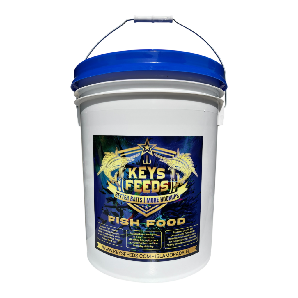 Keys Feeds 5-gallon bucket of premium live bait fish food with resealable gamma seal lid for pilchards, goggle eyes, and bait pens