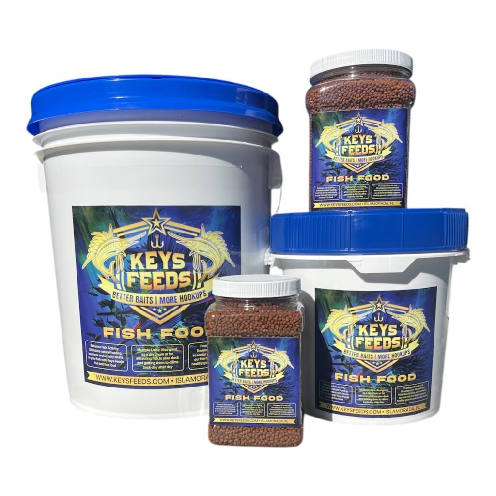 Keys Feeds premium slow-sinking live bait fish food pellets in large and medium containers for pilchards, goggle eyes, and crustaceans